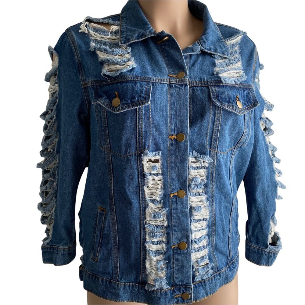 Denimland Paris Collection Jean Jacket Women M Destroyed Rhinestones Embroidered - Picture 3 of 13